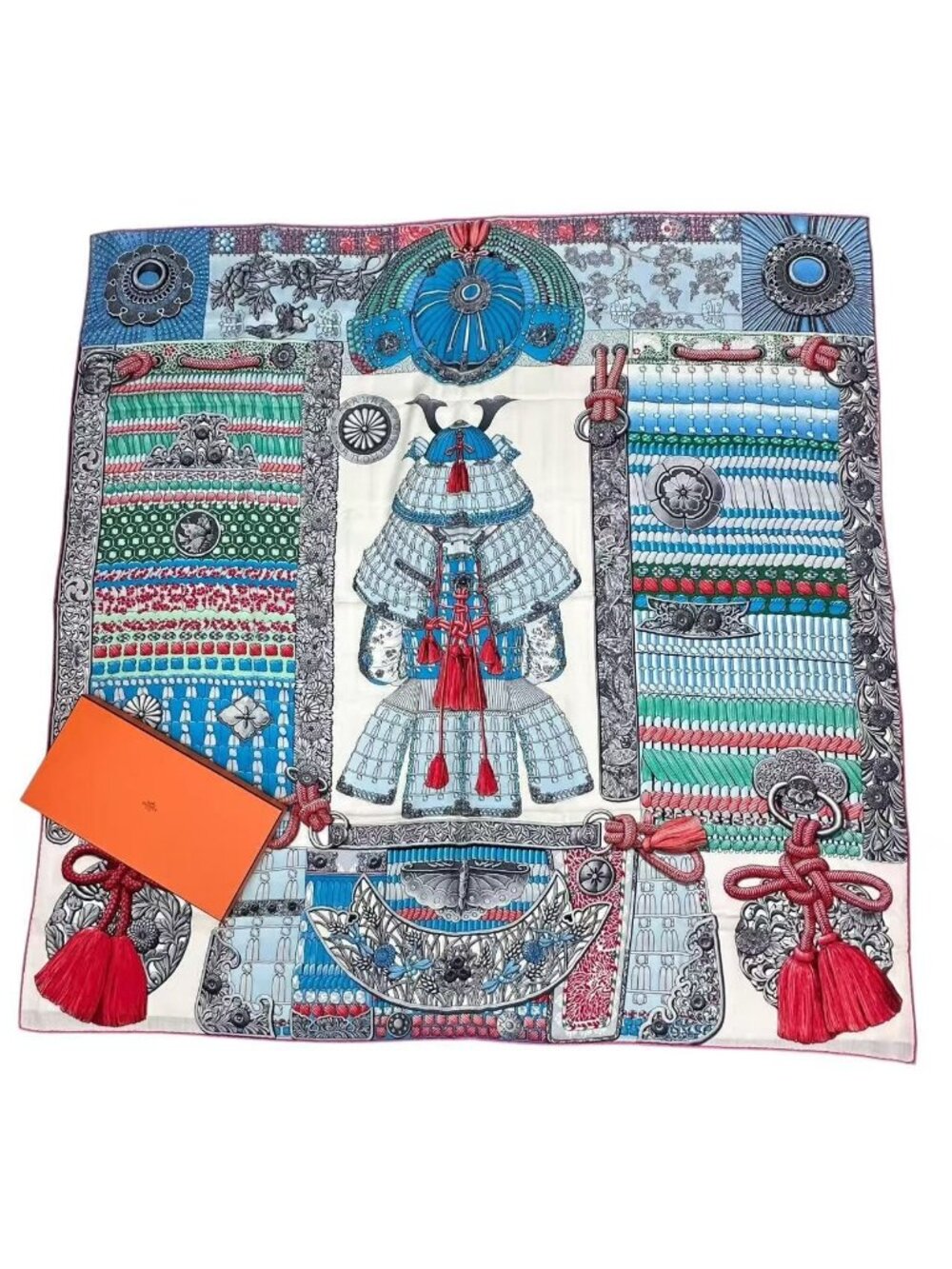 Hermes Carre 140 Scarf Cashmere Large Parures de Samourais Samurai Armor Blue